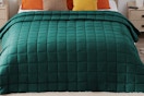 yescool Weighted Blanket Dark Green on a made bed.