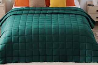 yescool Weighted Blanket Dark Green on a made bed.
