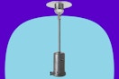 Amazon Basics 46,000 BTU Outdoor Propane Patio Heater on a blue background.