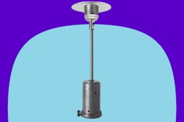 Amazon Basics 46,000 BTU Outdoor Propane Patio Heater on a blue background.