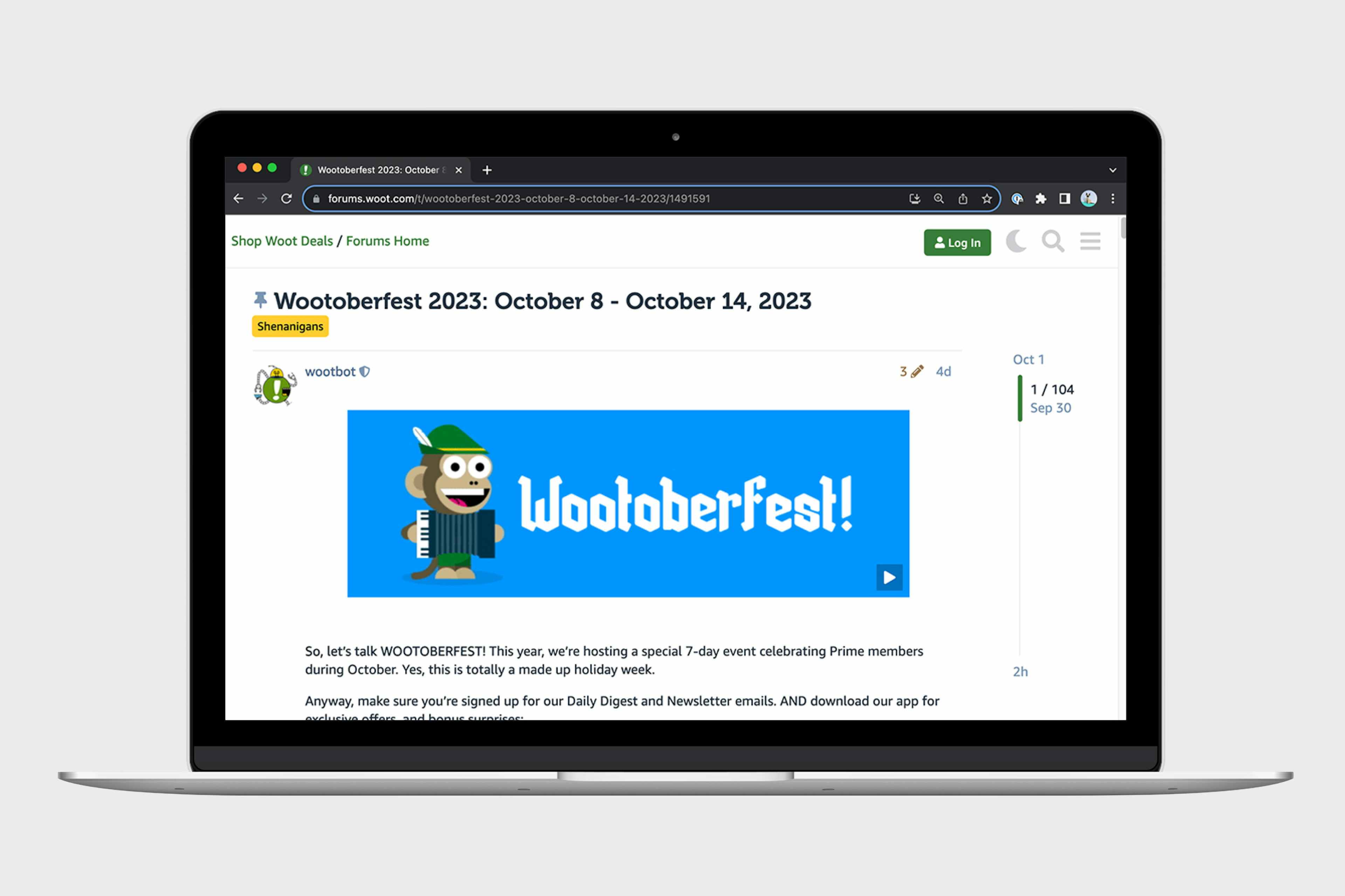 a laptop displaying a post on the Woot forum about Wootoberfest in October 2023