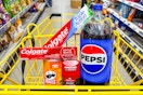 pepsi, colgate, pringles, old spice products in a yellow shopping cart