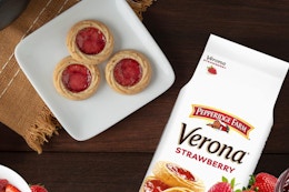 Pepperidge Farm Verona Strawberry Thumbprint Cookies on a kitchen counter.