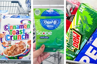 collage image of cereal, floss picks, and soda