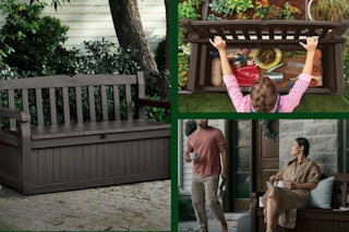 collage of the Keter Outdoor Storage Bench