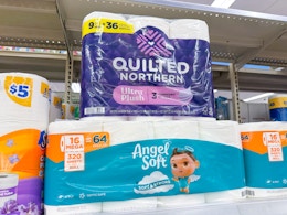 quilted northern and angel soft toilet paper on walgreens shelf