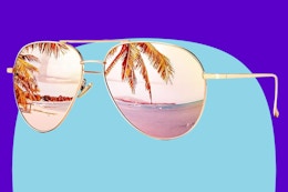 SUNGAIT Women's Lightweight Oversized Aviator Sunglasses on a blue background.