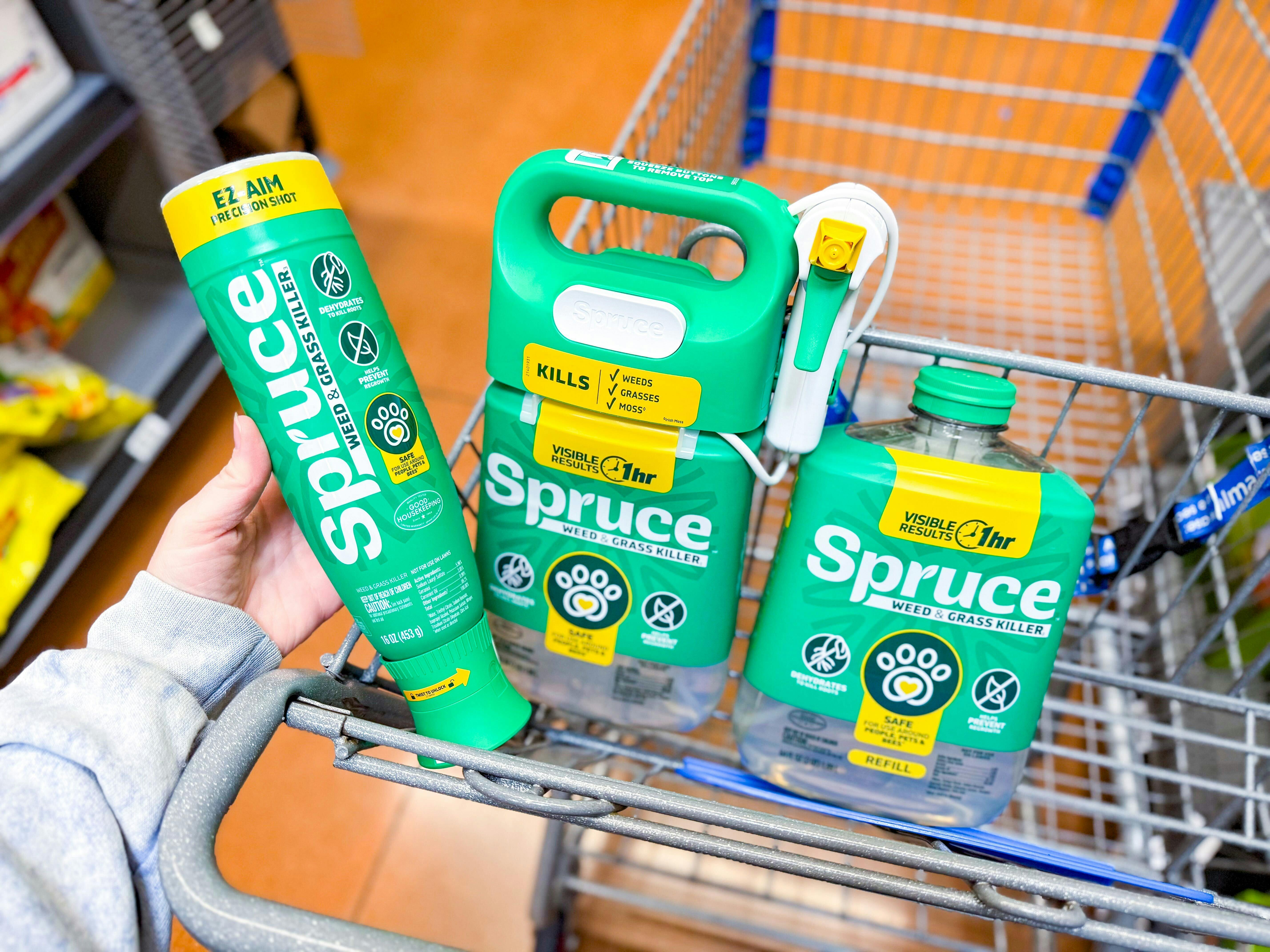 3 Spruce weed killer products in Walmart shopping cart