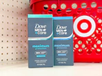 2 dove men+care antiperspirants sitting in front a target basket