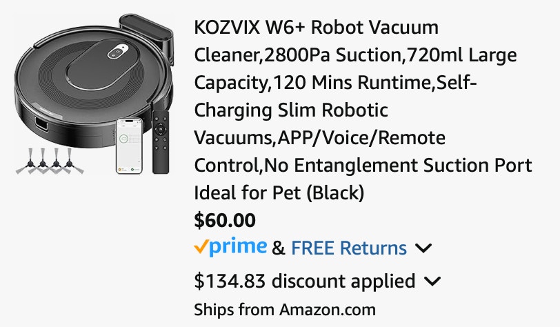 KOZVIX W6+ Robot Vacuum Cleaner,2800Pa Suction,720ml Large Capacit