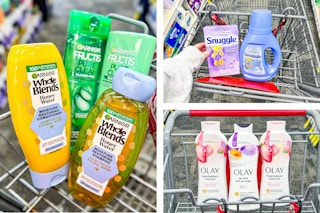 collage image of garnier hair care, olay body wash, and snuggle laundry care products