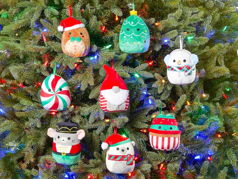 holiday squishmallows hanging on a christmas tree