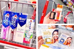 collage image of crest toothpaste, olay cleansing melts, and maybelline makeup