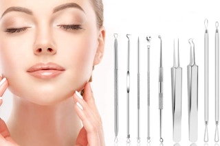 A woman next to pimple popper tools