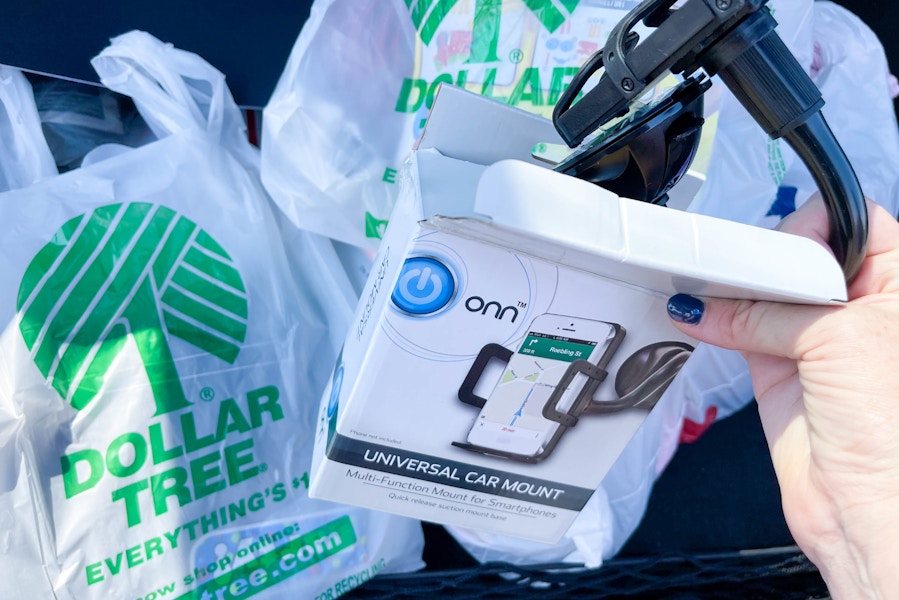 cellphone car mount out if box in front of dollar tree bags