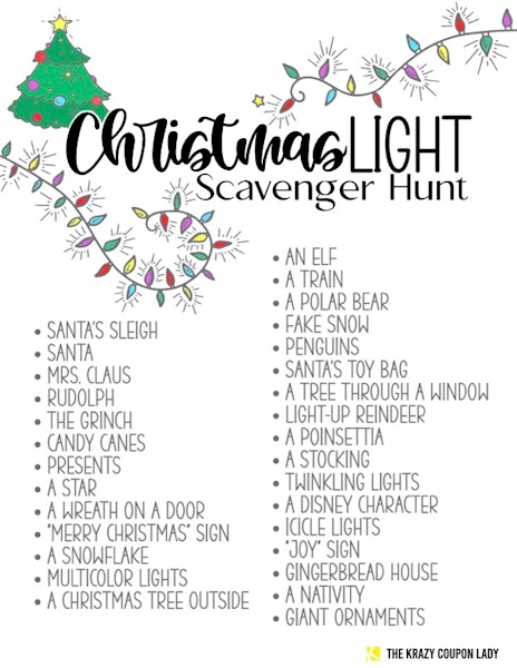 A free Christmas printable for holiday lights scavenger hunt