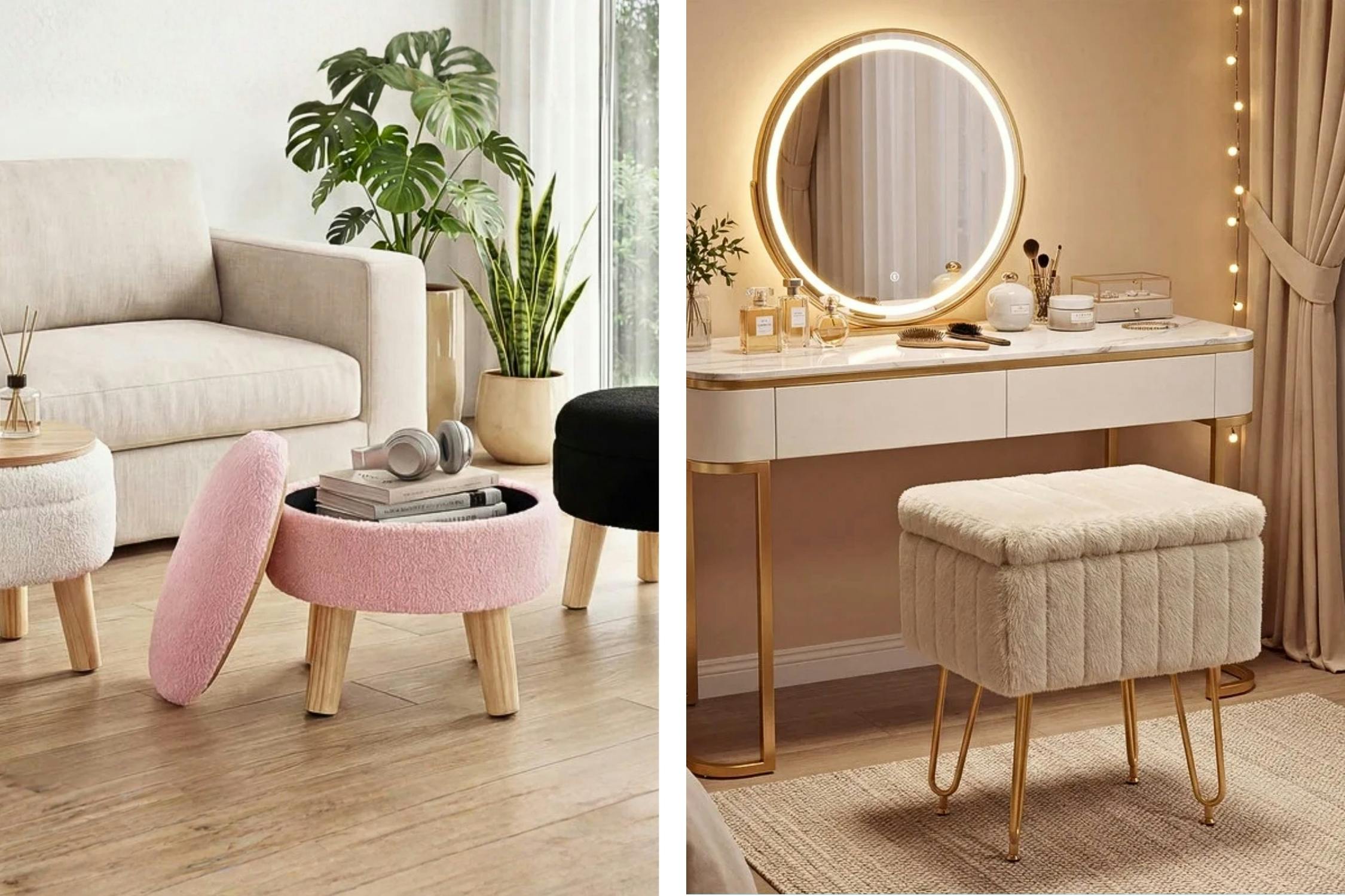 2 lifestyle images of storage ottomans from Walmart