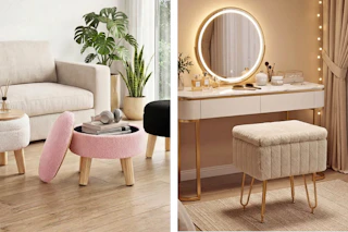 2 lifestyle images of storage ottomans from Walmart