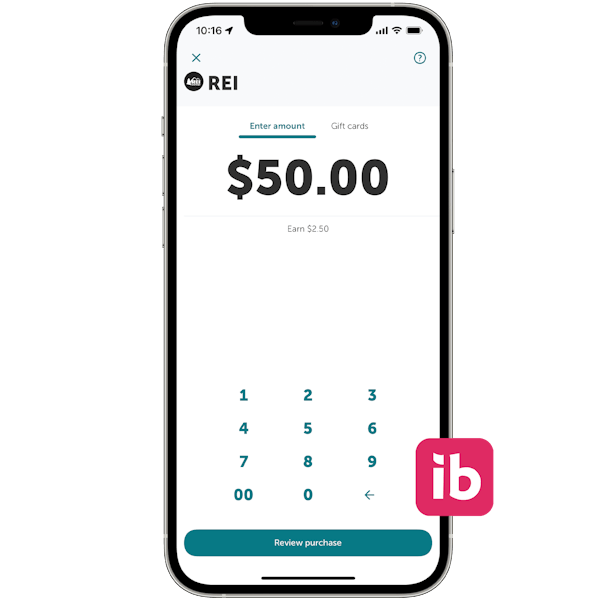 A graphic of an iPhone displaying the REI gift card amount entry form on the ibotta app.