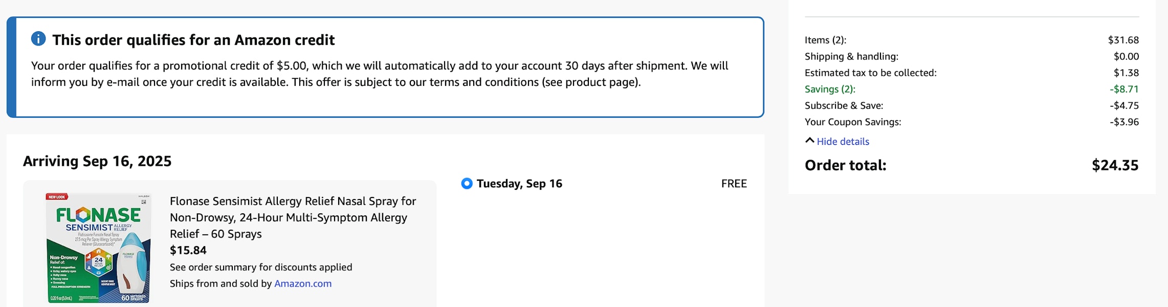 Flonase Amazon receipt