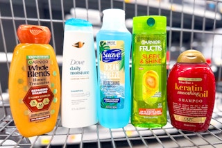 shampoo bottles in shopping cart