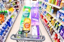walgreens shopping cart with swiffer duster and mops