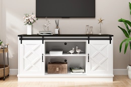Lifestyle image of the Mondawe TV Cabinet with sliding doors