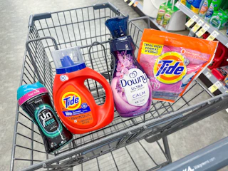 tide and downy laundry items in walgreens cart