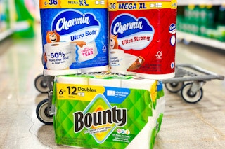 bounty charmin products in store floor in front of shopping cart