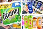 collage image of bounty paper towels, garnier shampoo, and nivea body wash