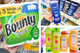 collage image of bounty paper towels, garnier shampoo, and nivea body wash