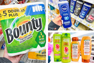 collage image of bounty paper towels, garnier shampoo, and nivea body wash