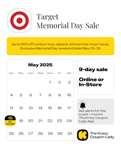 Calendar graphic of Target Memorial Day Sale that starts on May 18 2025