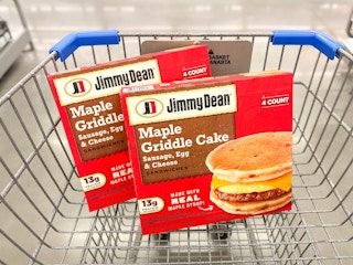 two boxes of jimmy dean griddle cakes in walmart cart