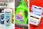 collage image of degree deodorant, gain detergent, and neutrogena wipes