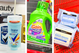 collage image of degree deodorant, gain detergent, and neutrogena wipes