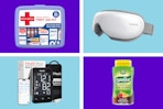 first aid kit eye massager blood pressure monitor fiber gummies on a blue and purple background
