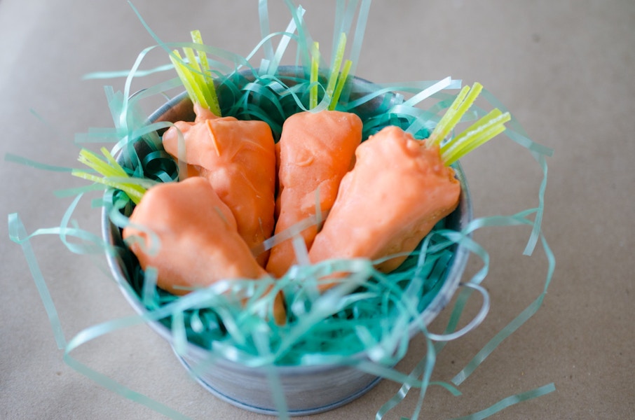 Make Rice Krispies carrots with candy melts and apple sour punch bites.