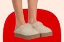 Close up shot of model wearing the Joyspun Women's Faux Suede Platform Clog Slippers in the color "oatmeal"