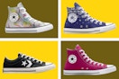 Converse shoes on an olive and yellow collage background. 