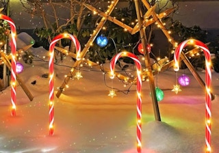 candy cane lights in a yard with snow at night