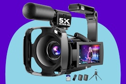 BREGOO 5K Video Camera Camcorder on a blue background.