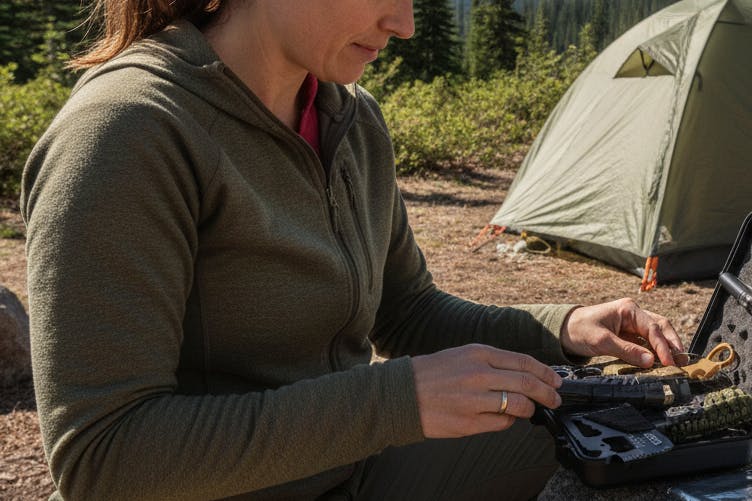 a woman opening a survival kit