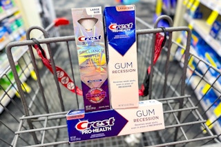 crest brilliance and gum toothpaste in a cart