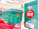 hefty holiday storage tote sitting on a cart in front of target signage