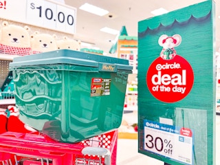 hefty holiday storage tote sitting on a cart in front of target signage