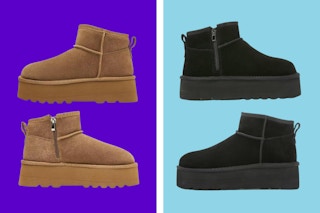 A brown pair and a black pair of platform suede boots