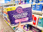 hand holding quilted northern toilet paper pack in cvs