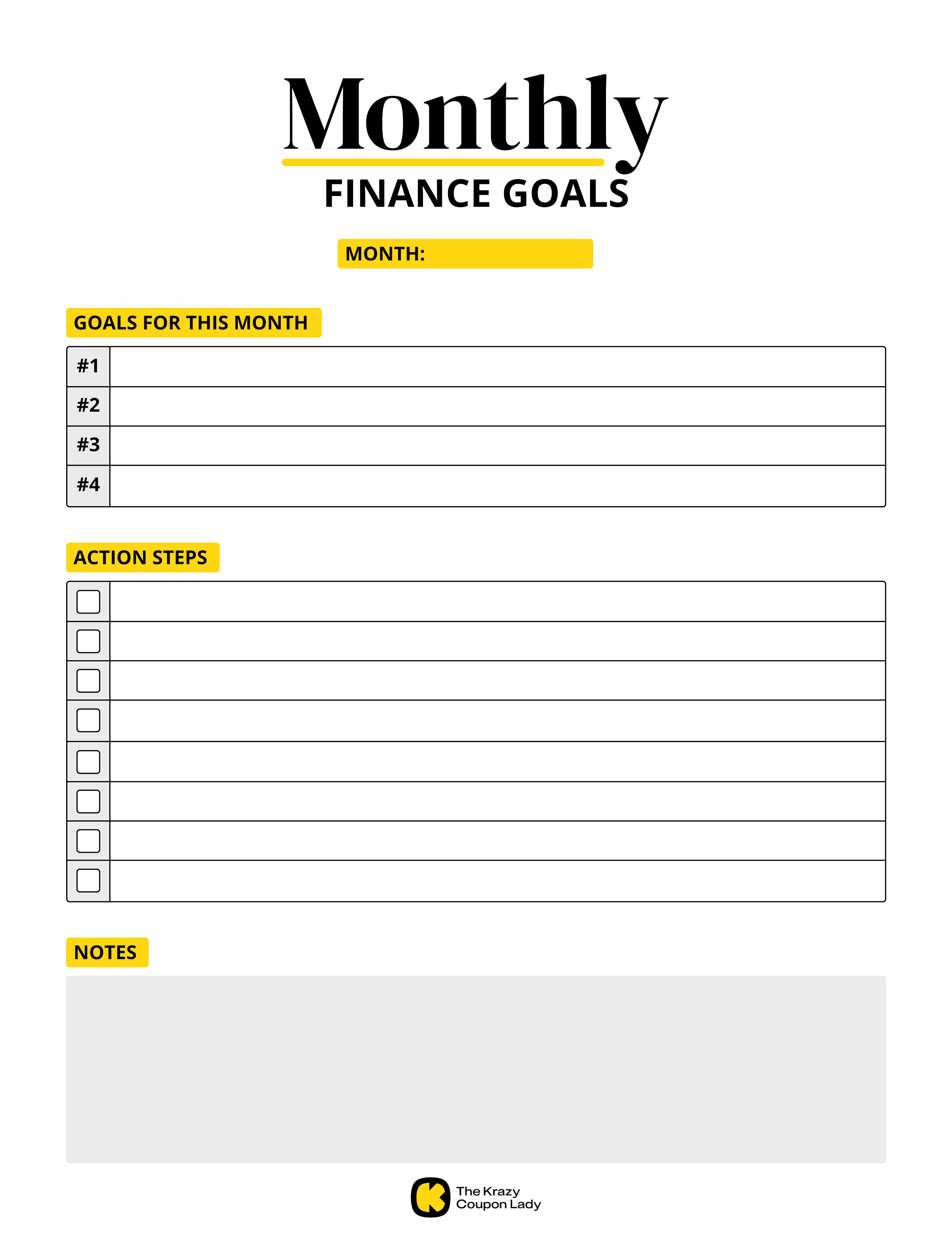 Monthly Finance Goals printable