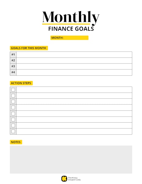 Monthly Finance Goals printable